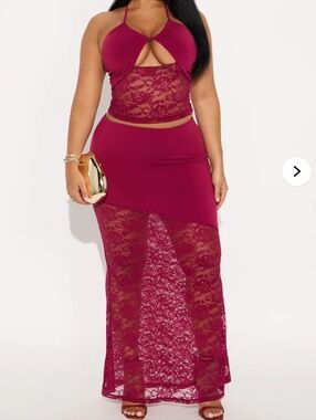 Fashion Nova Burgundy Lace Two-Piece Maxi Skirt Set